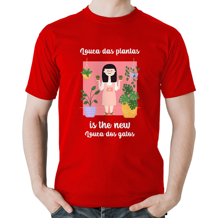Camiseta Algodão Louca das plantas is the new louca dos gatos - Vermelha