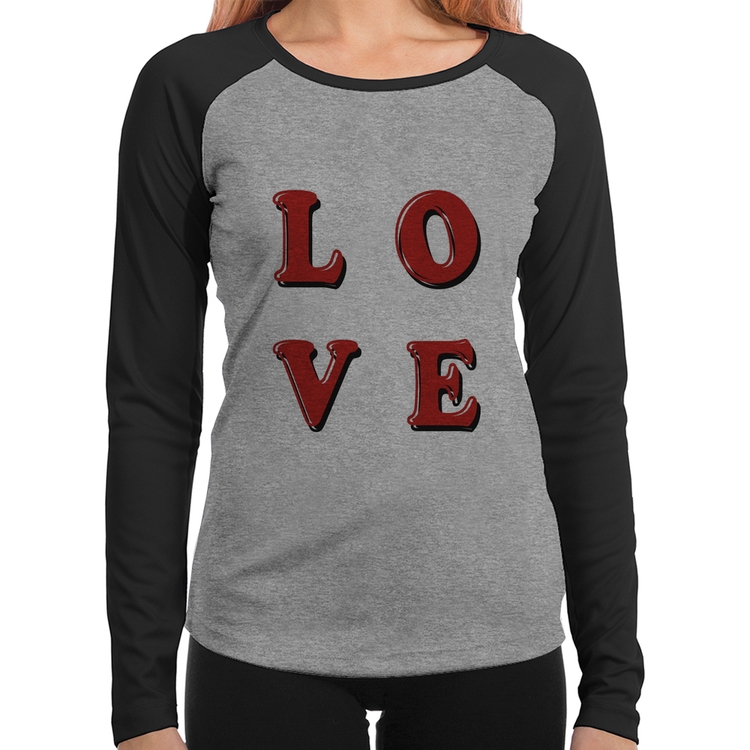 Baby Look Raglan LOVE Manga Longa - Cinza/Preto