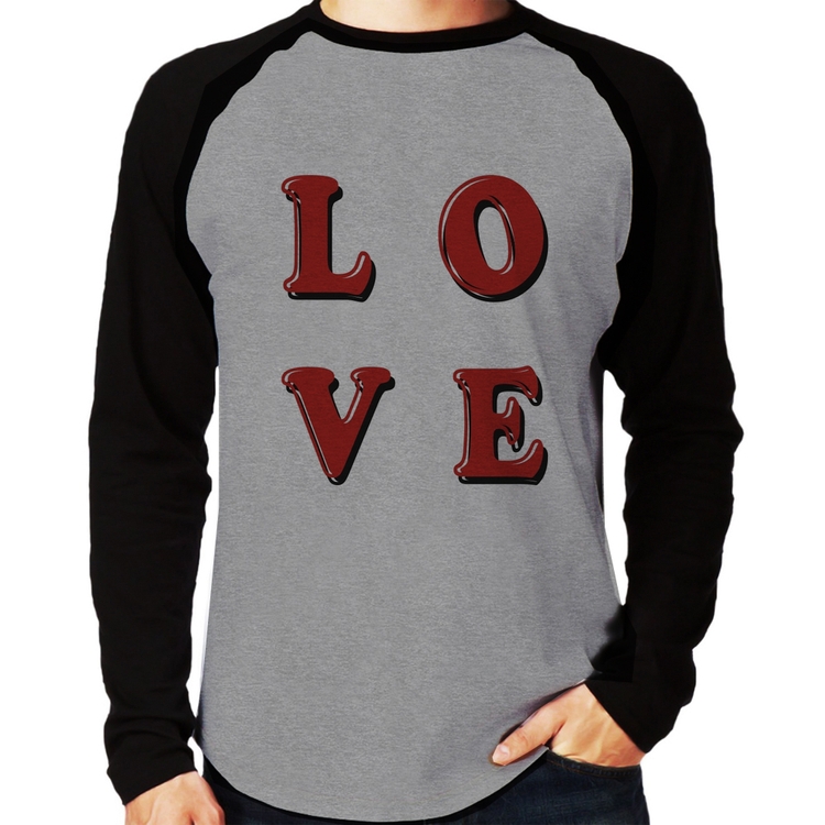 Camiseta Raglan LOVE Manga Longa - Cinza/Preto