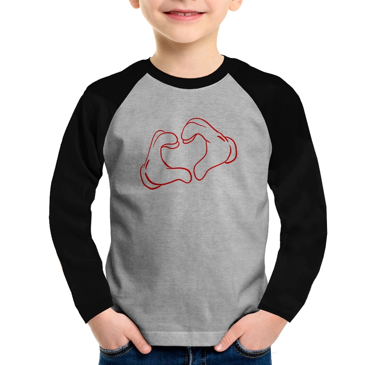 Camiseta Raglan Infantil Love Hand Manga Longa - Cinza/Preto