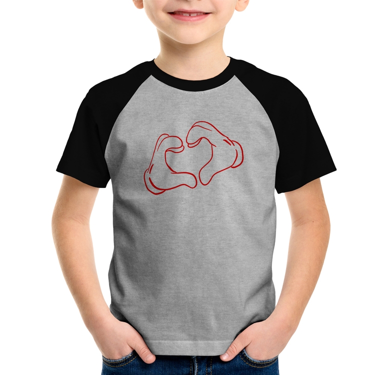 Camiseta Raglan Infantil Love Hand - Cinza/Preto