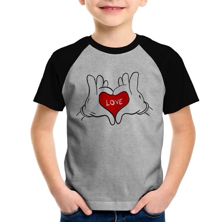 Camiseta Raglan Infantil Love Hands  - Cinza/Preto