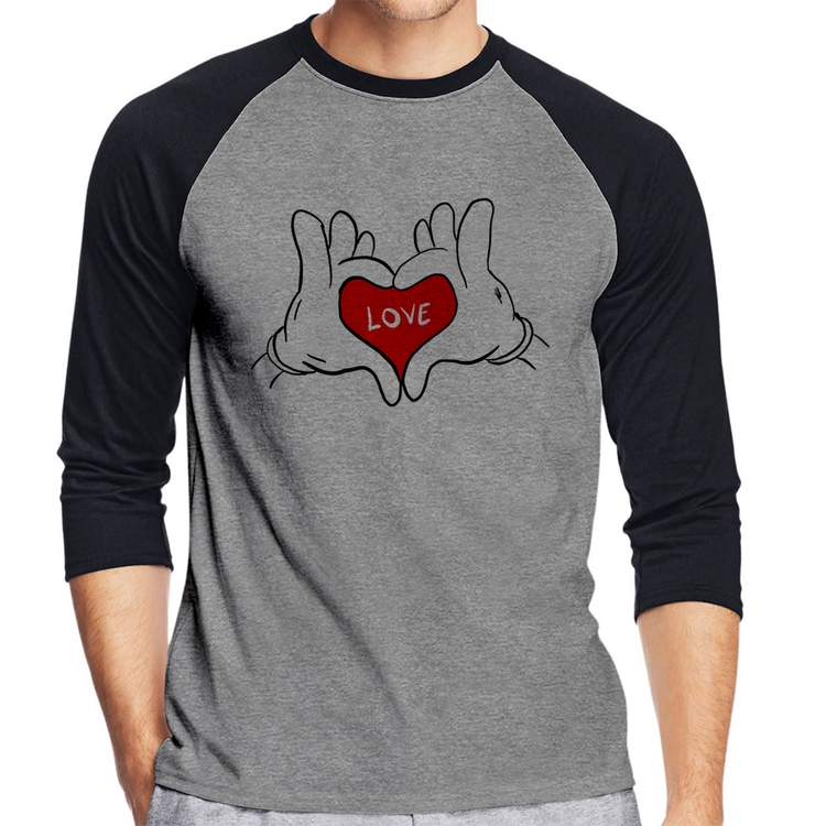 Camiseta Raglan Love Hands  Manga 3/4 - Cinza/Preto