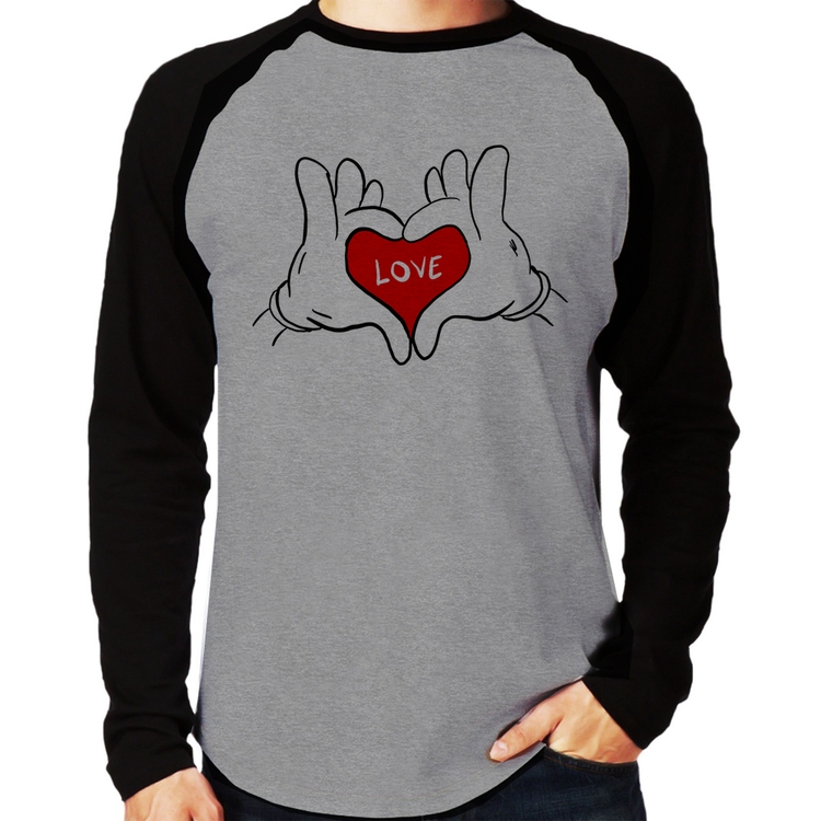 Camiseta Raglan Love Hands  Manga Longa - Cinza/Preto