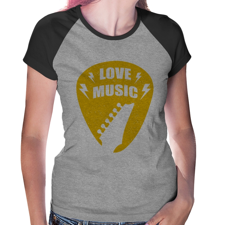 Baby Look Raglan Love Music - Cinza/Preto