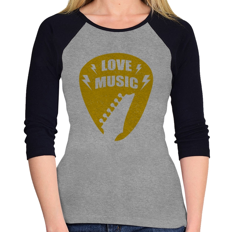 Baby Look Raglan Love Music Manga 3/4 - Cinza/Preto