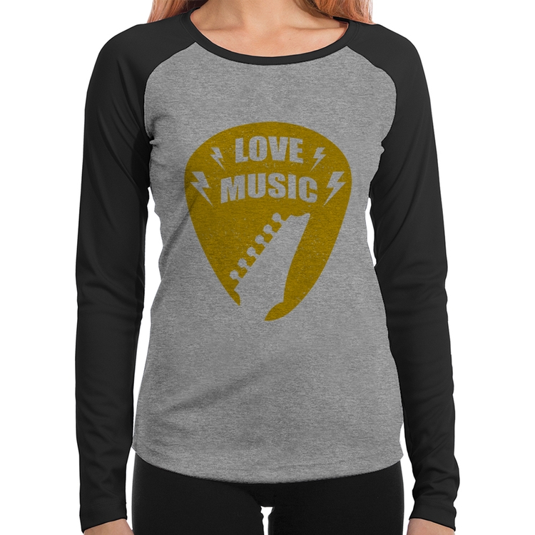 Baby Look Raglan Love Music Manga Longa - Cinza/Preto