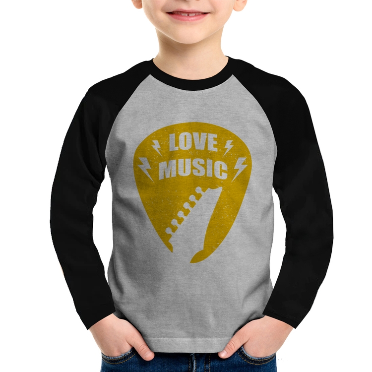 Camiseta Raglan Infantil Love Music Manga Longa - Cinza/Preto