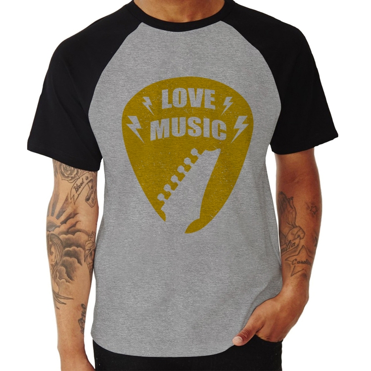 Camiseta Raglan Love Music - Cinza/Preto