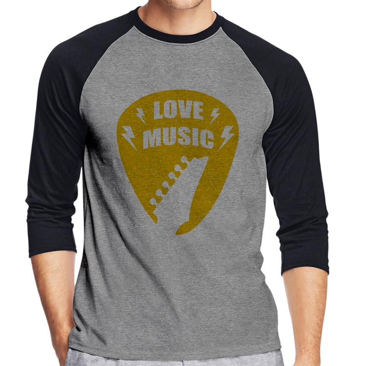 Camiseta Raglan Love Music Manga 3/4 - Cinza/Preto