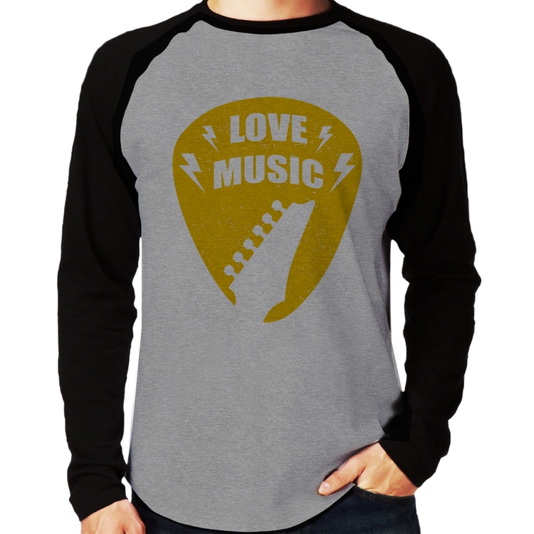Camiseta Raglan Love Music Manga Longa - Cinza/Preto