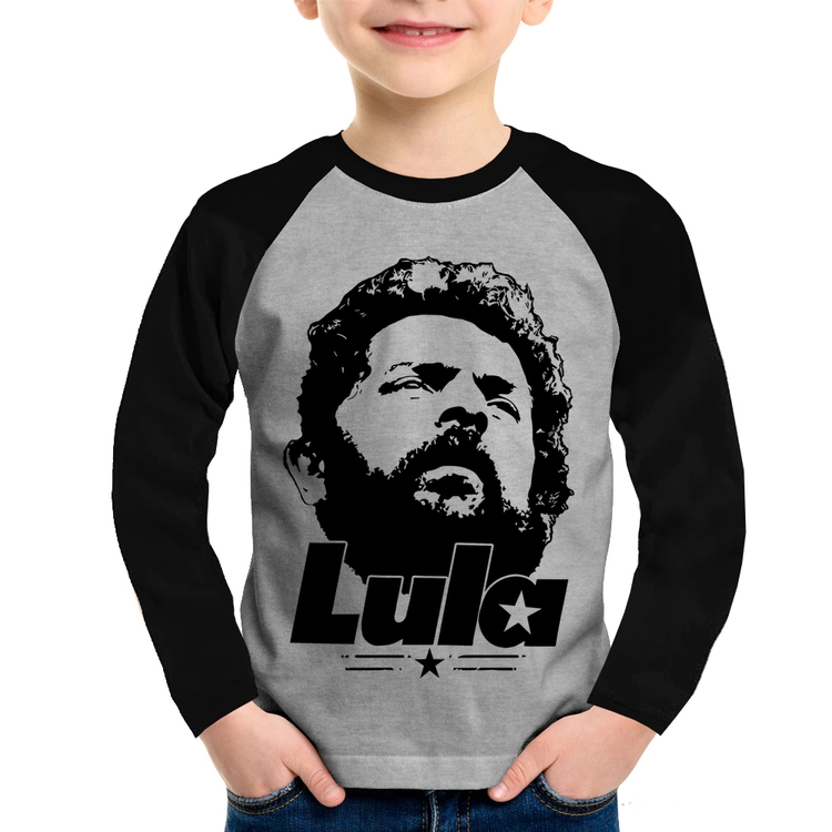 Camiseta Raglan Infantil Lula 13 PT 2026 Manga Longa - Cinza/Preto