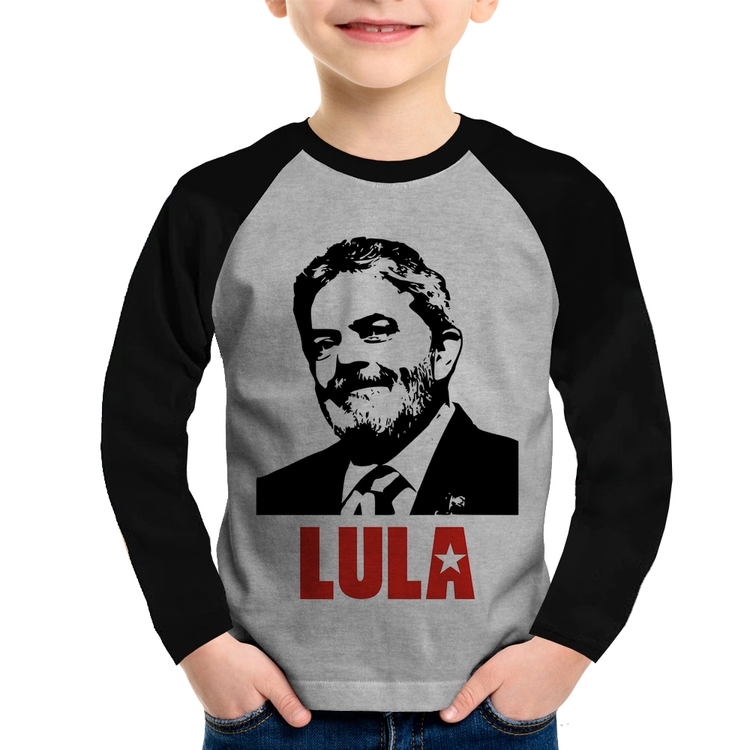 Camiseta Raglan Infantil Lula 2026 PT 13 Manga Longa - Cinza/Preto