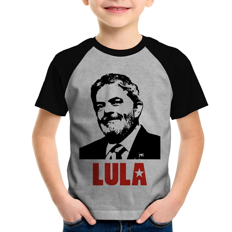 Camiseta Raglan Infantil Lula 2026 PT 13 - Cinza/Preto