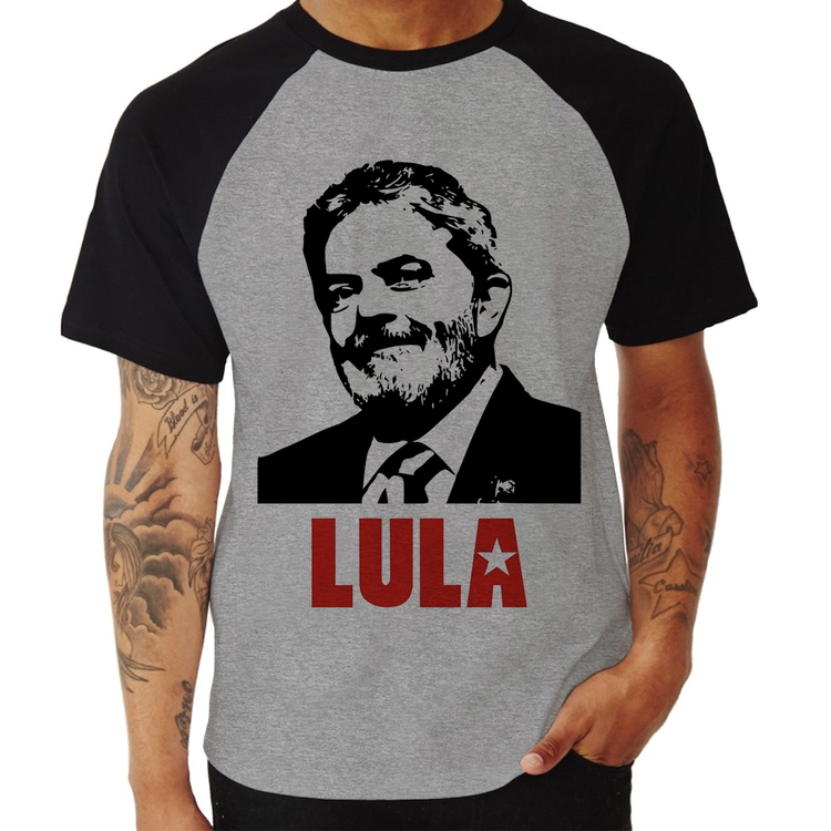 Camiseta Raglan Lula 2026 PT 13 - Cinza/Preto