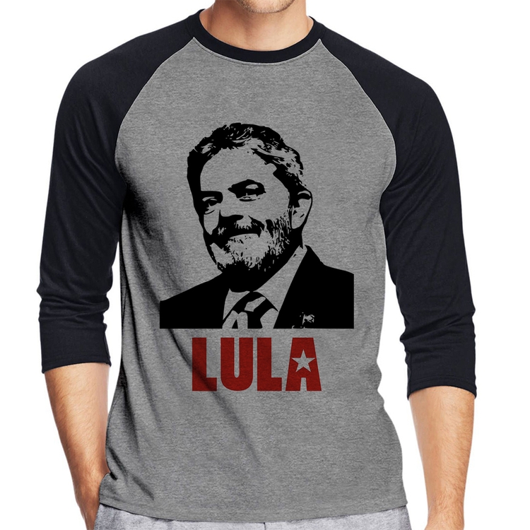 Camiseta Raglan Lula 2026 PT 13 Manga 3/4 - Cinza/Preto