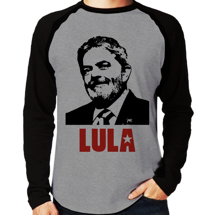 Camiseta Raglan Lula 2026 PT 13 Manga Longa - Cinza/Preto