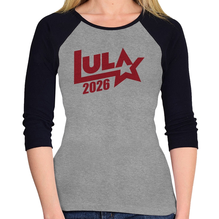 Baby Look Raglan Lula 2026 Estrela PT 13 Manga 3/4 - Cinza/Preto