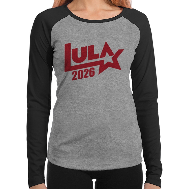 Baby Look Raglan Lula 2026 Estrela PT 13 Manga Longa - Cinza/Preto