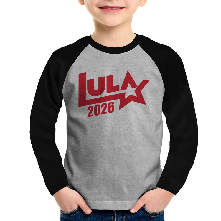 Camiseta Raglan Infantil Lula 2026 Estrela PT 13 Manga Longa - Cinza/Preto