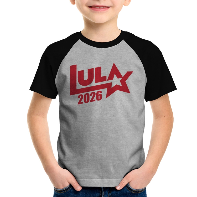 Camiseta Raglan Infantil Lula 2026 Estrela PT 13 - Cinza/Preto