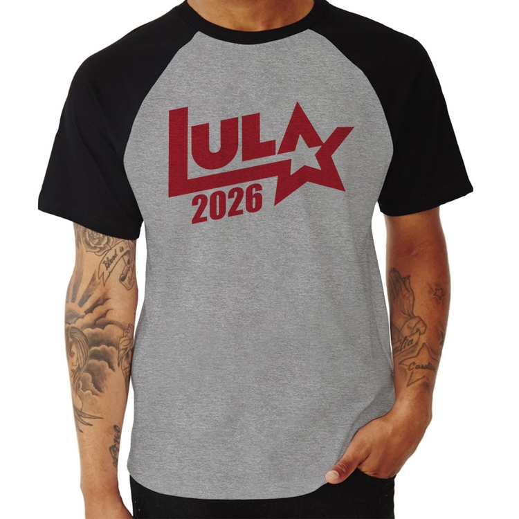Camiseta Raglan Lula 2026 Estrela PT 13 - Cinza/Preto
