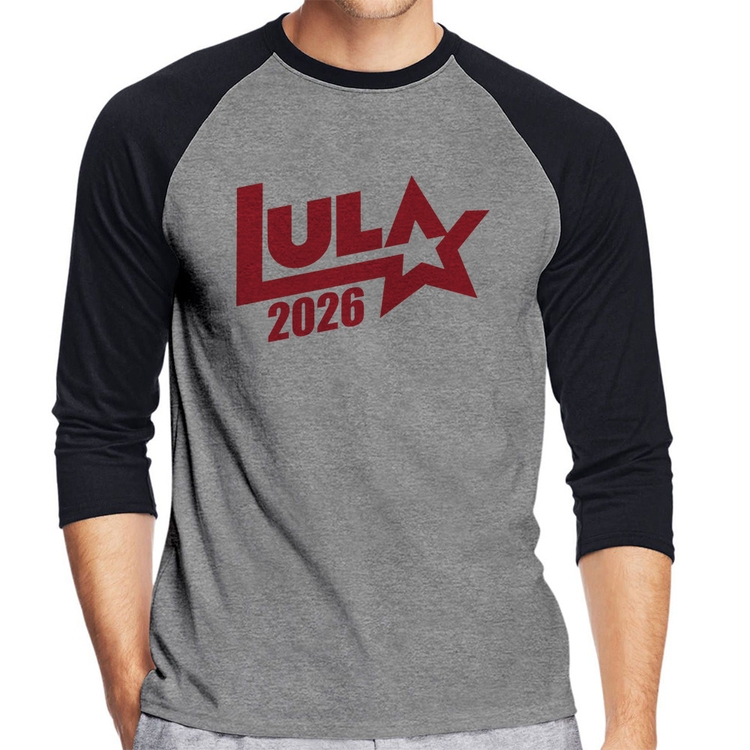 Camiseta Raglan Lula 2026 Estrela PT 13 Manga 3/4 - Cinza/Preto