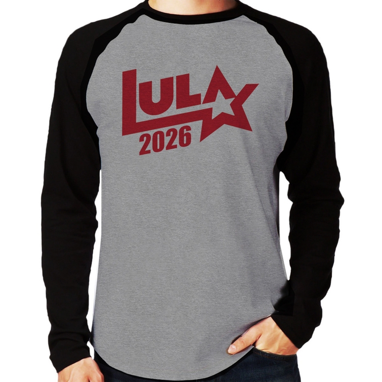Camiseta Raglan Lula 2026 Estrela PT 13 Manga Longa - Cinza/Preto