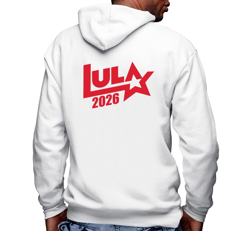 Blusa Moletom Lula 2026 Estrela PT 13 Masculina com Capuz e Zíper - Branca