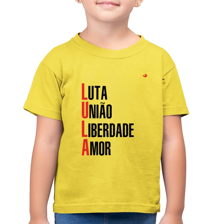 Camiseta Algodão Infantil LULA - Luta, União, Liberdade e Amor - Amarelo Canário