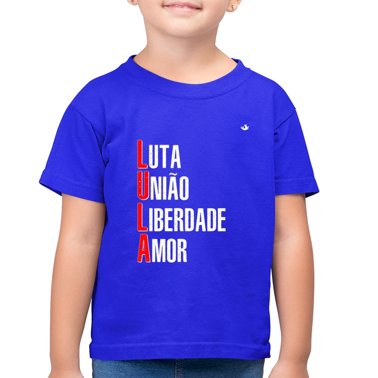 Camiseta Algodão Infantil LULA - Luta, União, Liberdade e Amor - Azul Royal