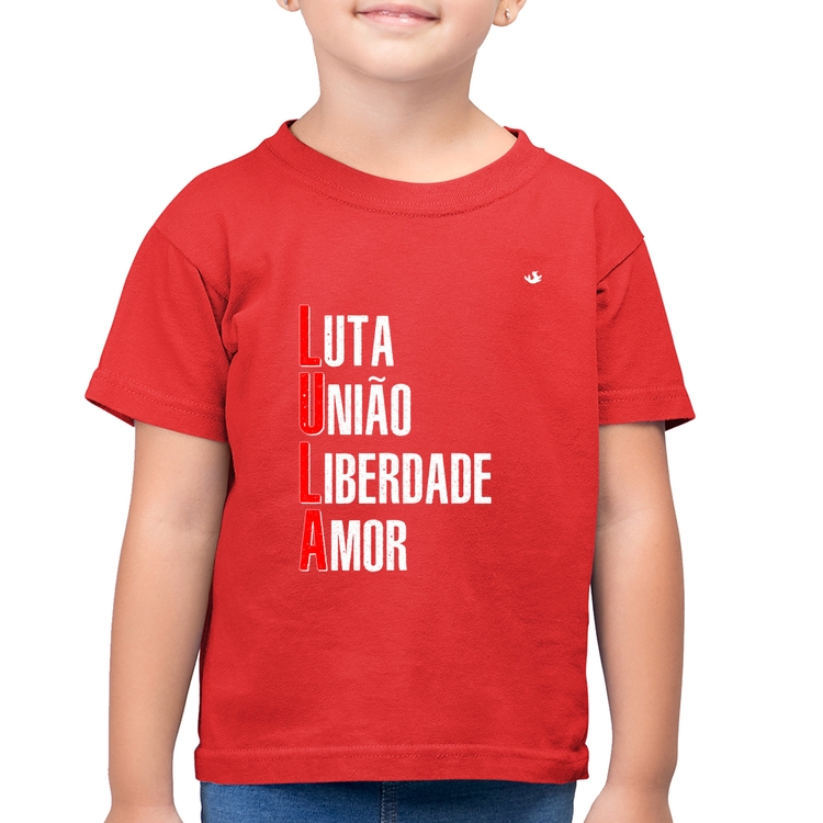 Camiseta Algodão Infantil LULA - Luta, União, Liberdade e Amor - Vermelha