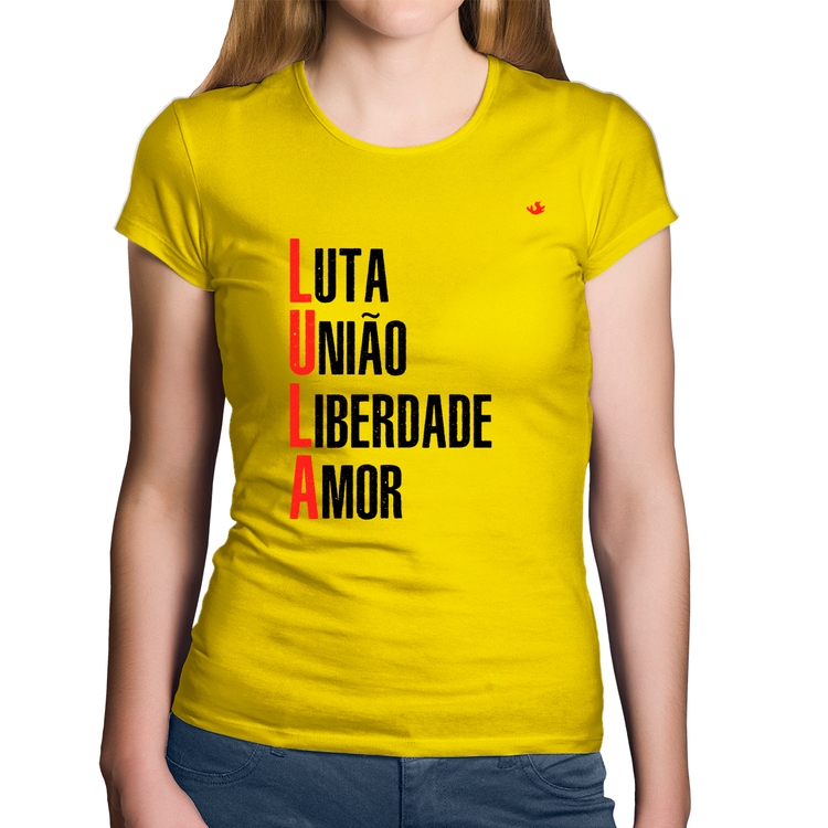 Baby Look Algodão LULA - Luta, União, Liberdade e Amor - Amarela