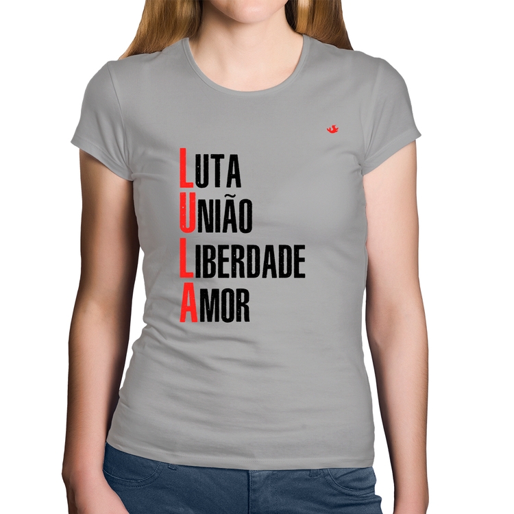 Baby Look Algodão LULA - Luta, União, Liberdade e Amor - Cinza