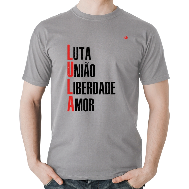 Camiseta Algodão LULA - Luta, União, Liberdade e Amor - Cinza