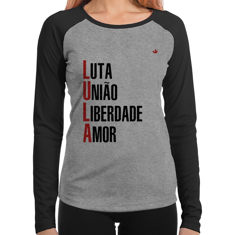 Baby Look Raglan LULA - Luta, União, Liberdade e Amor Manga Longa - Cinza/Preto