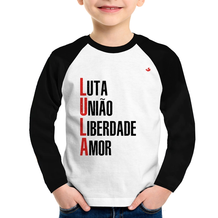Camiseta Raglan Infantil LULA - Luta, União, Liberdade e Amor Manga Longa