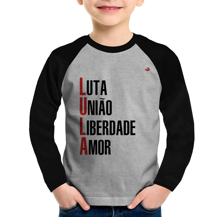 Camiseta Raglan Infantil LULA - Luta, União, Liberdade e Amor Manga Longa - Cinza/Preto