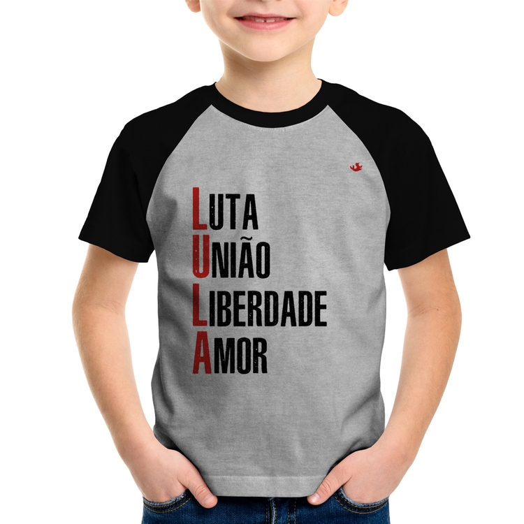 Camiseta Raglan Infantil LULA - Luta, União, Liberdade e Amor - Cinza/Preto