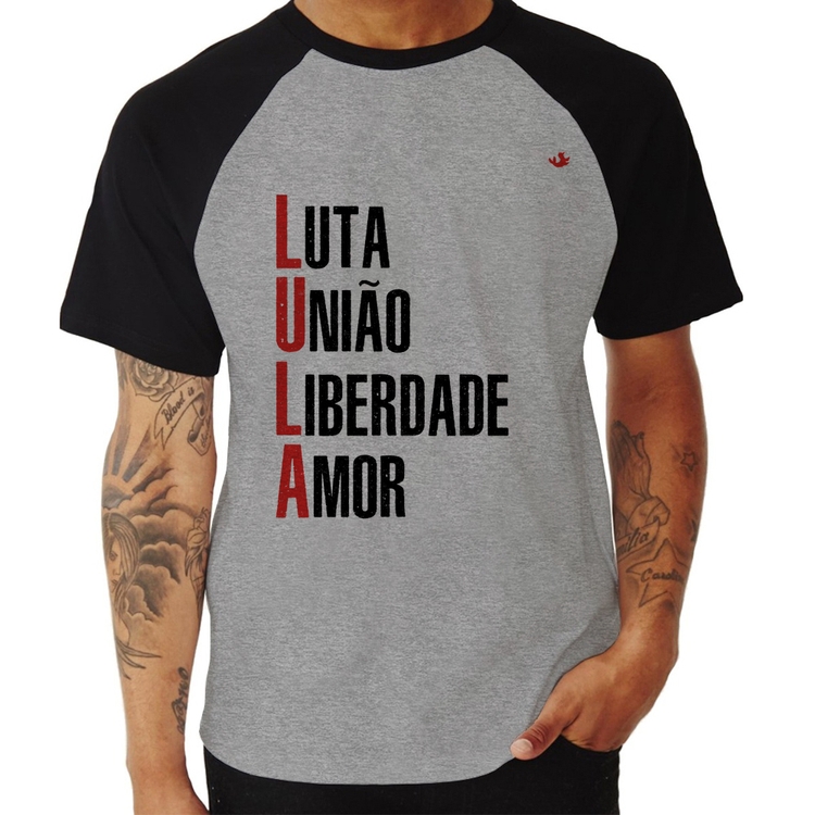 Camiseta Raglan LULA - Luta, União, Liberdade e Amor - Cinza/Preto