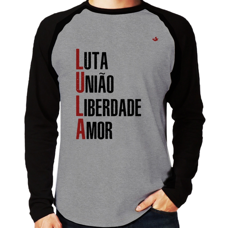 Camiseta Raglan LULA - Luta, União, Liberdade e Amor Manga Longa - Cinza/Preto