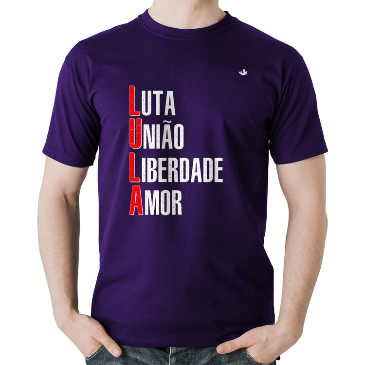 Camiseta Algodão LULA - Luta, União, Liberdade e Amor - Roxa