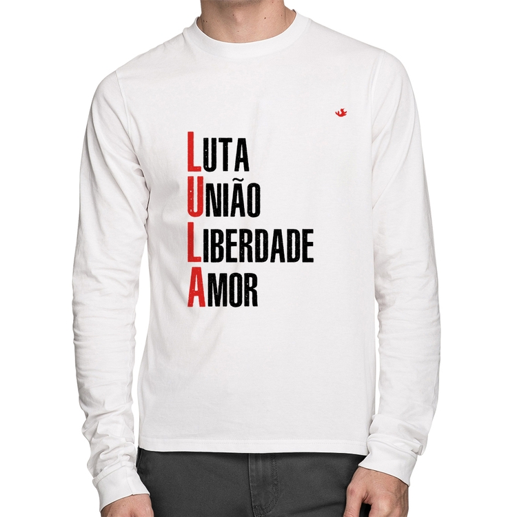 Camiseta Algodão LULA - Luta, União, Liberdade e Amor Manga Longa - Branca