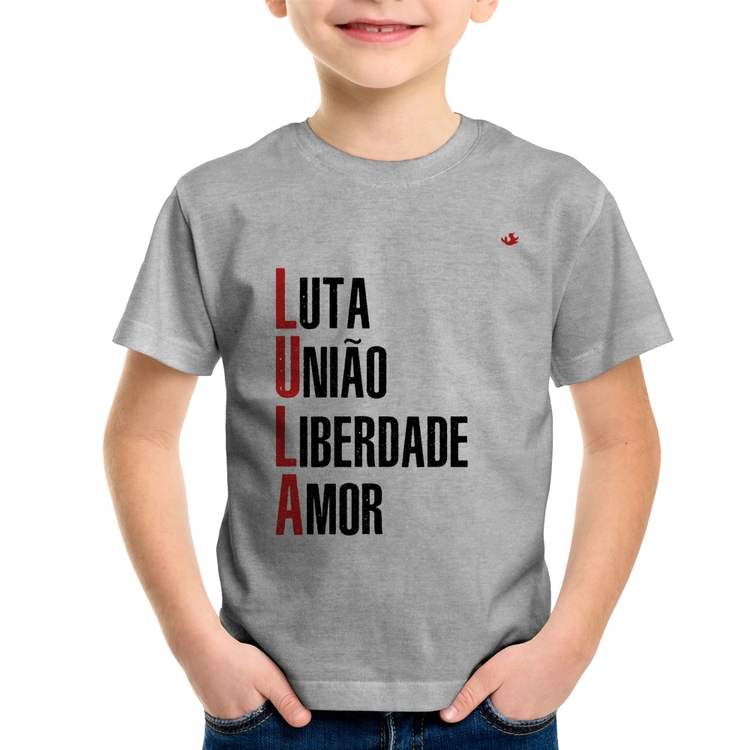Camiseta Infantil LULA - Luta, União, Liberdade e Amor - Cinza
