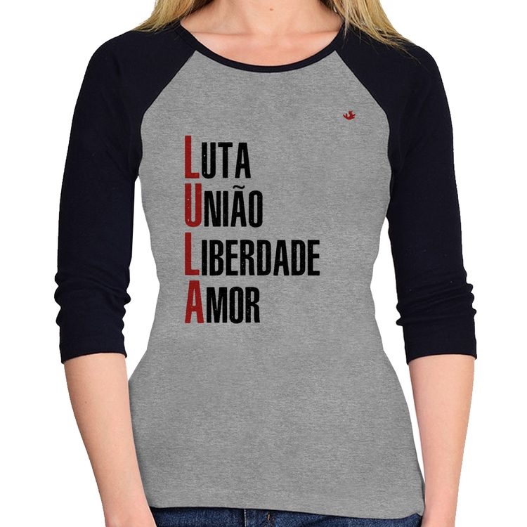 Baby Look Raglan LULA - Luta, União, Liberdade e Amor Manga 3/4 - Cinza/Preto