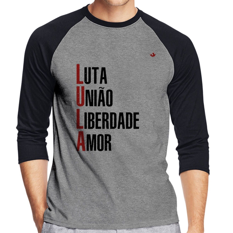 Camiseta Raglan LULA - Luta, União, Liberdade e Amor Manga 3/4 - Cinza/Preto