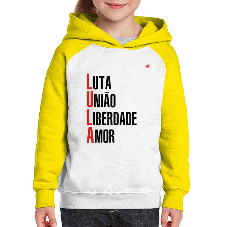 Moletom Infantil LULA - Luta, União, Liberdade e Amor - Branco/Amarelo