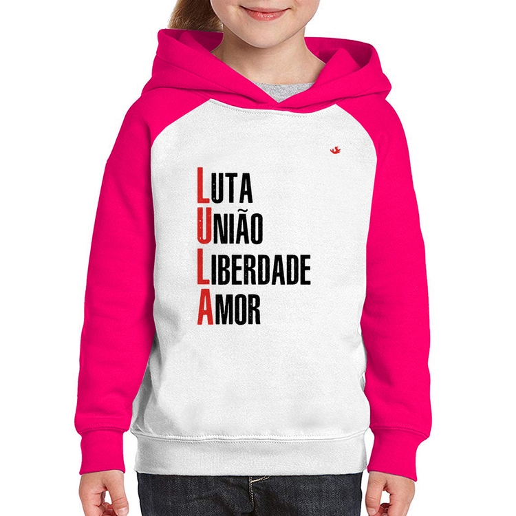 Moletom Infantil LULA - Luta, União, Liberdade e Amor - Branco/Rosa