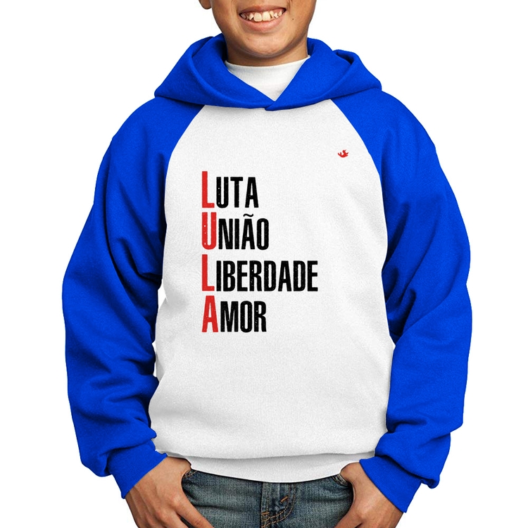 Moletom Infantil LULA - Luta, União, Liberdade e Amor - Branco/Azul