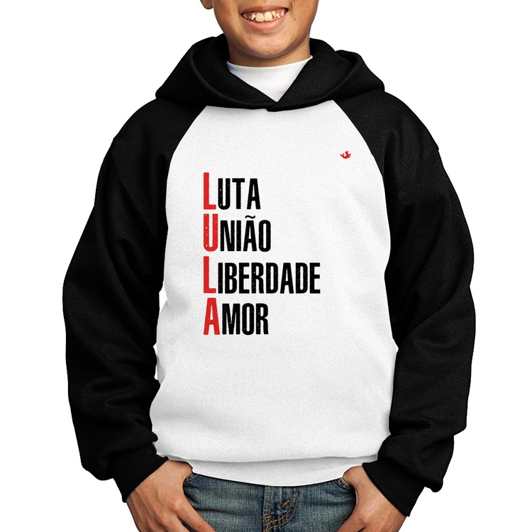 Moletom Infantil LULA - Luta, União, Liberdade e Amor - Branco/Preto